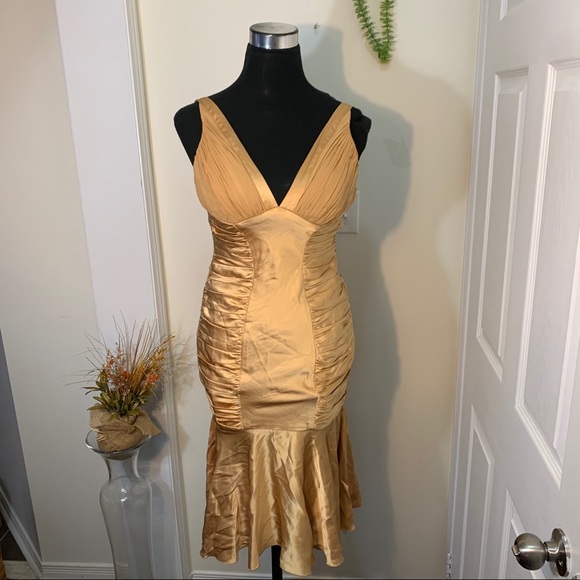 Dina Barel Soft Gold Tone Silk Flattering Dress - Picture 12 of 16